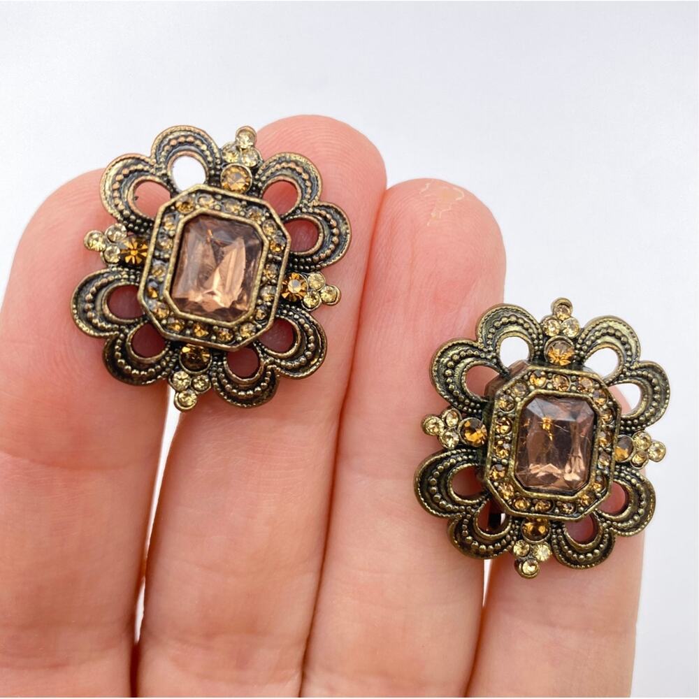 Vintage Avon Victorian Clip On Earrings Gold Tone Glass Rhinestone Filigree